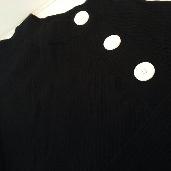 Vintage 80s dressbarn Ribbed Knit Sweater Lady-L Mockneck Faux-Buttons LSL Black - Picture 8 of 10